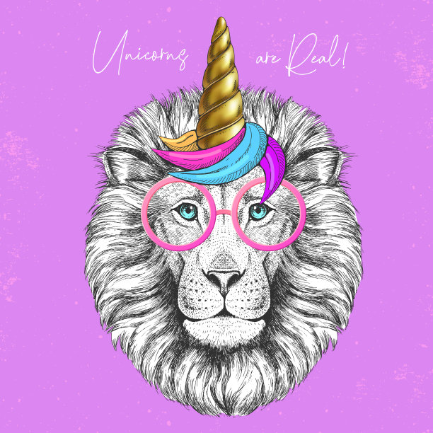 手画动物狮子戴着可爱的眼镜与独角兽的角。t恤图形打印。矢量图图片下载