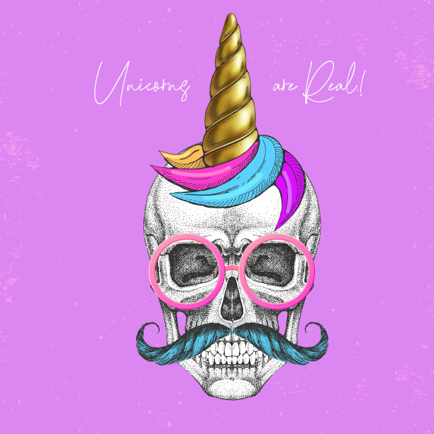 手画人类头骨，戴着带有独角兽角的可爱眼镜。t恤图形打印。矢量图图片下载