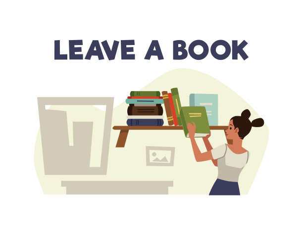 女人离开书架上的书，平面矢量插图孤立在白色背景。人物留言簿在公共场所与他人分享和交换。图片下载