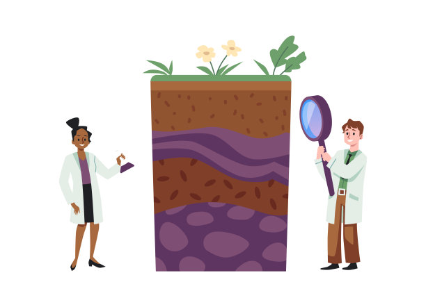 地质科学家用放大镜研究土层和组成，平面矢量插图孤立在白色。图片下载