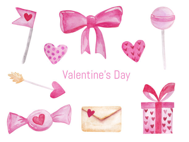 爱情、爱心、信封、信、箭、礼品盒、糖果、甜蜜、棒棒糖、蝴蝶结。情人节水彩插图。图片下载