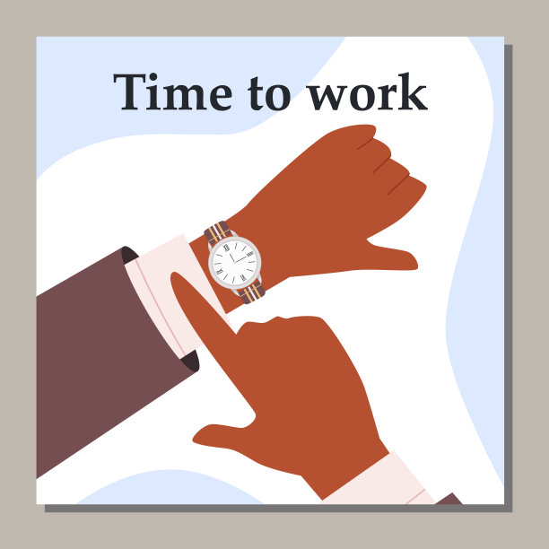 腕表放在manâ的手上，时间以工作铭文-海报模板平面矢量插图。图片下载