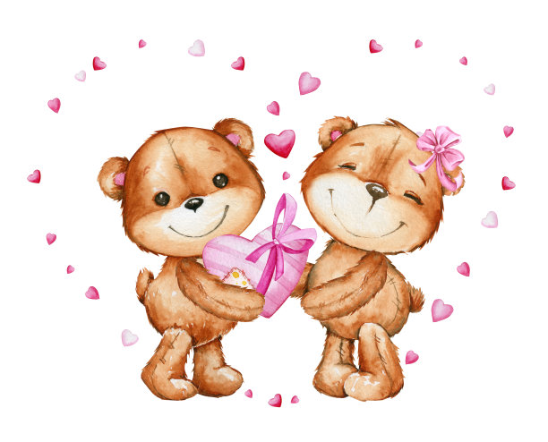 可爱的熊，在背景，框，在一个心的形状，送礼物。卡通风格的水彩插图，在一个孤立的背景上。在情人节那天。图片下载