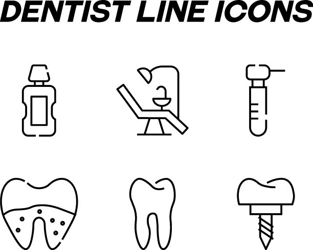 用于商店、商店、网站的平面风格的单色标识。可编辑的中风。向量线图标集的符号牙科岗位，漱口水，龋齿，牙医椅子，工具，龋齿图片下载