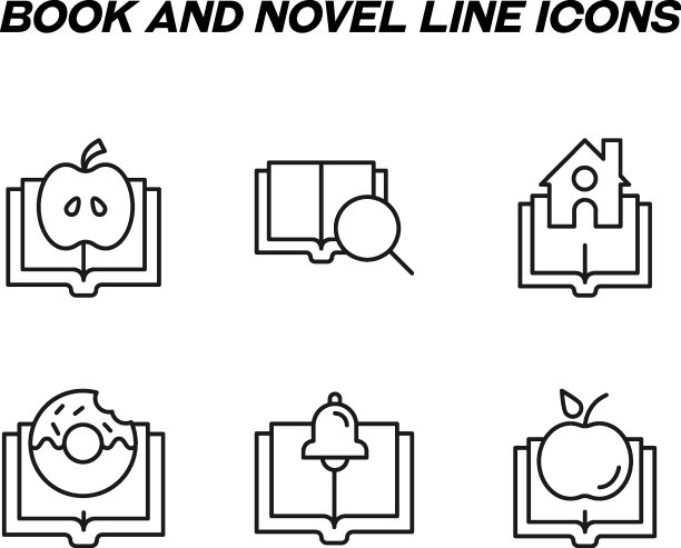 用于商店、商店、网站的平面风格的单色标识。可编辑的中风。向量线图标设置的象征苹果，放大镜，房子，甜甜圈，钟，苹果在书图片下载