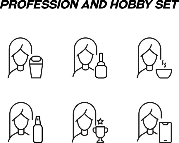 用于商店、商店、网站的平面风格的单色标识。可编辑的中风。向量线图标集的符号垃圾桶，化妆品瓶，茶，赢杯，智能手机的女人图片下载