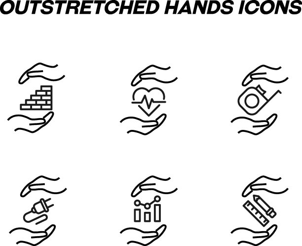用于商店、商店、网站的平面风格的单色标识。可编辑的中风。矢量线图标集的符号砖墙，脉搏，卷尺，插座，图表之间的手图片下载