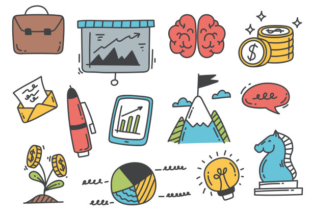 商业，金钱，金融，办公室，涂鸦，草图，想法，手绘，抽象，集合。平面设计卡通插画图片下载