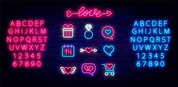 情人节霓虹灯图标集合。爱文字。心，礼物和戒指。特别优惠价。向量股票插图图片下载