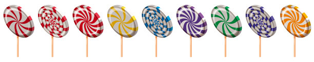 一套棒棒糖漩涡糖螺旋等距。甜的螺旋条纹焦糖，在棒，矢量卡通风格图片下载