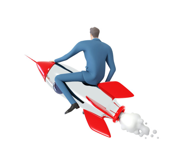 成功的商人与火箭一起飞行。创业，成功，控制和支持理念。3 d渲染图图片下载