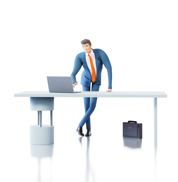成功的商人在办公室的办公桌前工作。商人用电脑工作。3 d渲染图图片下载