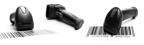 条形码扫描。用于仓库的阅读器激光扫描仪。零售标签条形码扫描隔离在白色背景。仓库库存管理。图片下载