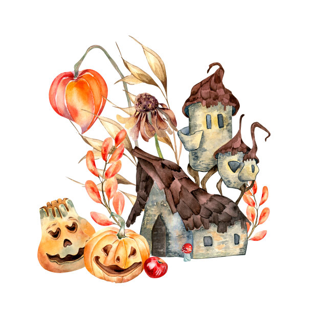 彩色魔术屋水彩插图孤立在白色。图片下载