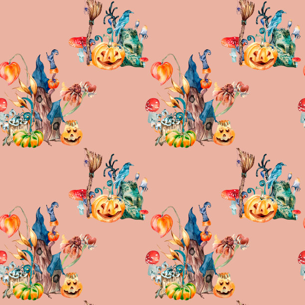 彩色万圣节精灵屋水彩无缝图案孤立在粉红色上。图片下载