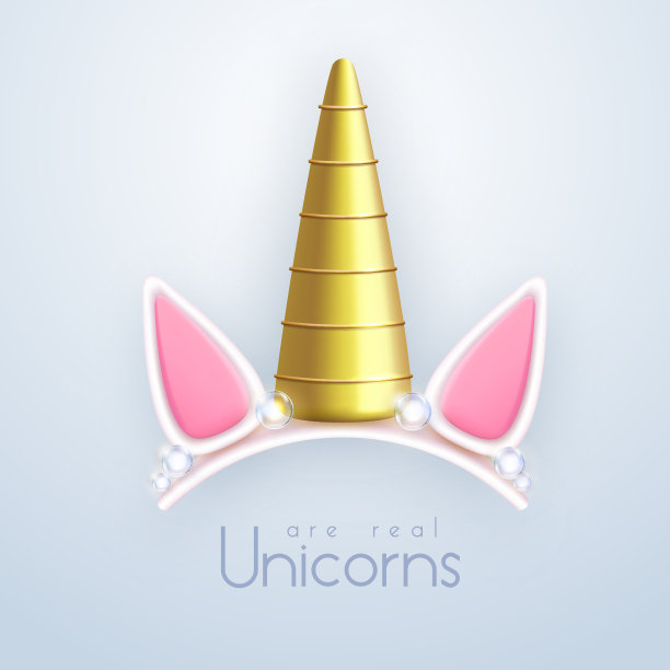 3D逼真的金色独角兽角孤立在白色背景。孩子的头装饰。矢量图图片下载