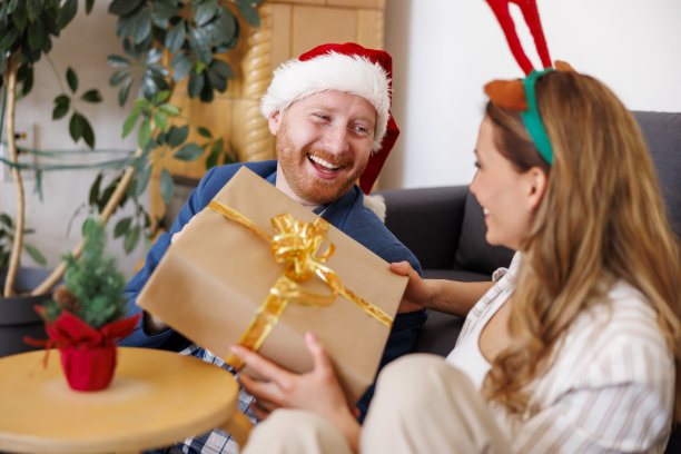 商务同事在办公室庆祝圣诞节，交换礼物图片下载