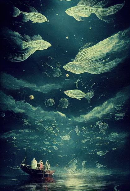 插图一艘渔船与飞行的海洋生物图片下载