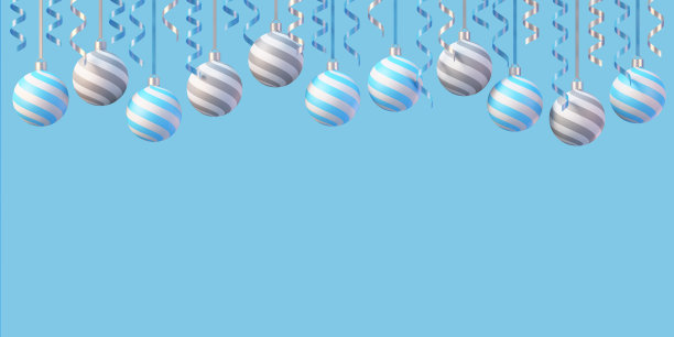 圣诞和新年装饰背景与圣诞球和丝带蓝色背景，3D渲染背景图片下载