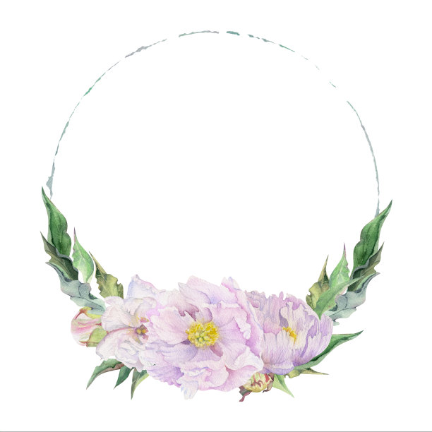 水彩画的圆框，用手绘的粉红色牡丹花、芽和叶。孤立的白色背景。用于请柬，婚礼，爱情或贺卡，纸张，印刷，纺织图片下载