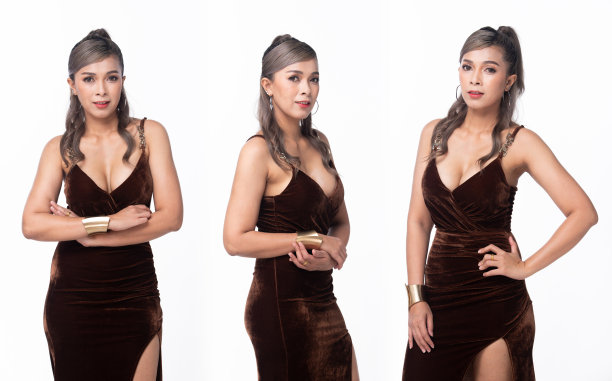 半身脸亚洲40 - 50年代妇女穿棕色丝绒晚礼服长球高跟鞋。灰色银发优雅女站造型时尚复古look在白色背景孤立图片下载