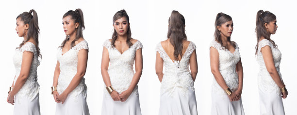 半身脸亚洲四五十年代妇女穿白色蕾丝婚纱礼服高跟鞋。灰色银发优雅女站姿势时尚复古360翻转白色背景孤立图片下载