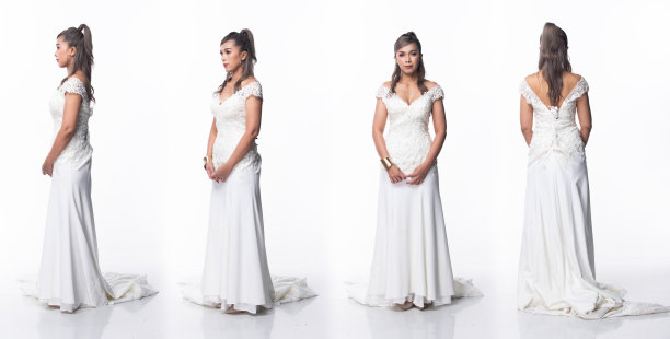 亚洲四五十年代女性穿白色蕾丝婚纱礼服高跟鞋。灰色银发优雅女站姿势时尚复古360翻转白色背景孤立图片下载