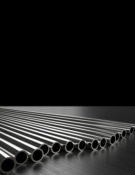 钢闪亮的管道在排管道三维插图与透视在黑色背景图片下载