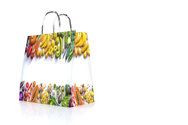 白色购物袋3d与水果和蔬菜印刷在白色背景图片下载