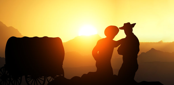 国旗背景上的美国定居者。美国。先锋。图片下载