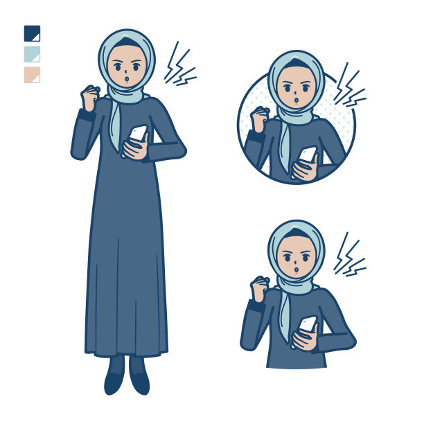 一个戴着头巾的阿拉伯妇女拿着智能手机和愤怒的图片。图片下载