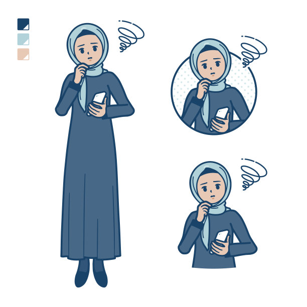 一个戴着头巾的阿拉伯妇女，手里拿着智能手机，照片上满是烦恼图片下载