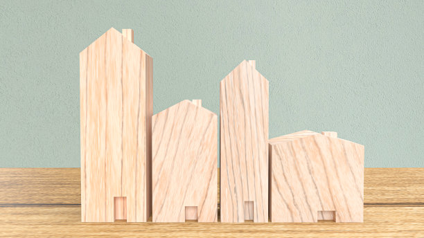 木材家的桌子上的财产或房地产概念3d渲染图片下载