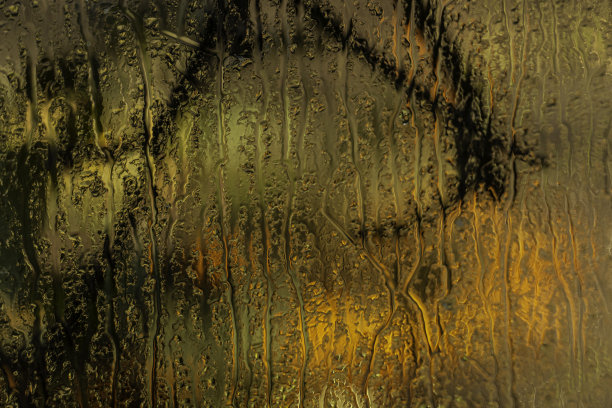 雾蒙蒙的窗玻璃俯瞰秋天的花园与黄色的背景图片下载