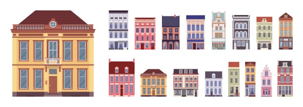联排别墅，城镇住宅，排屋卡通套装图片下载
