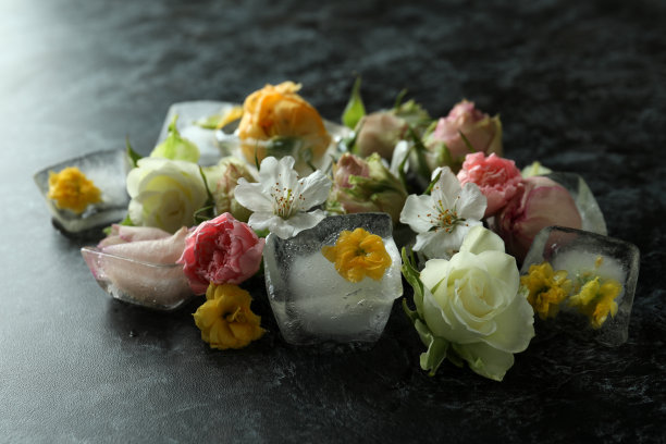 黑色烟雾背景上的花朵和冰块图片下载