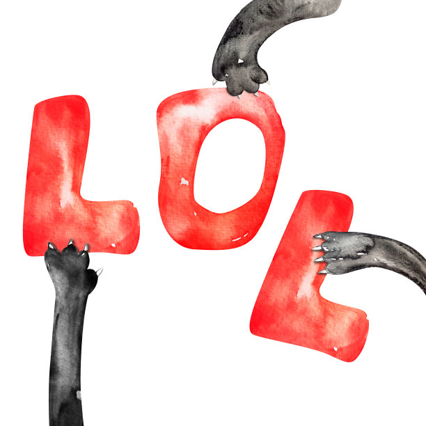 字母lol和猫的黑色爪子水彩插图图片下载