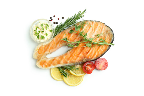 美味的烤鲑鱼孤立在白色的背景图片下载