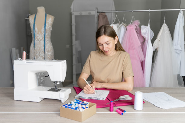 缝纫车间里的年轻女工正在为一件新衣服画草图。图片下载