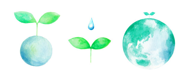 水彩画的幼叶和土地与可持续发展的形象图片下载