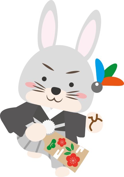 兔子男孩穿着和服在战板上玩弄羽毛/插图材料(矢量插图)图片下载