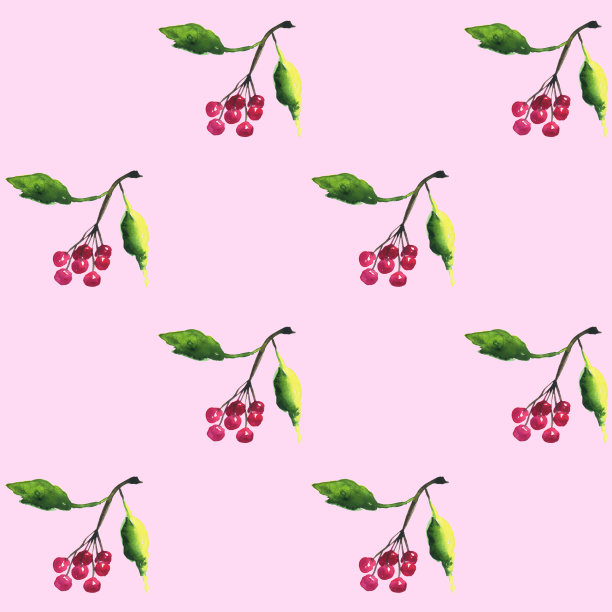 红色的抽象浆果在树枝与绿色的叶子在粉红色的背景无缝模式。水彩手绘插图。湿水彩画风格。适用于数码纸、印刷、纺织、墙纸。图片下载