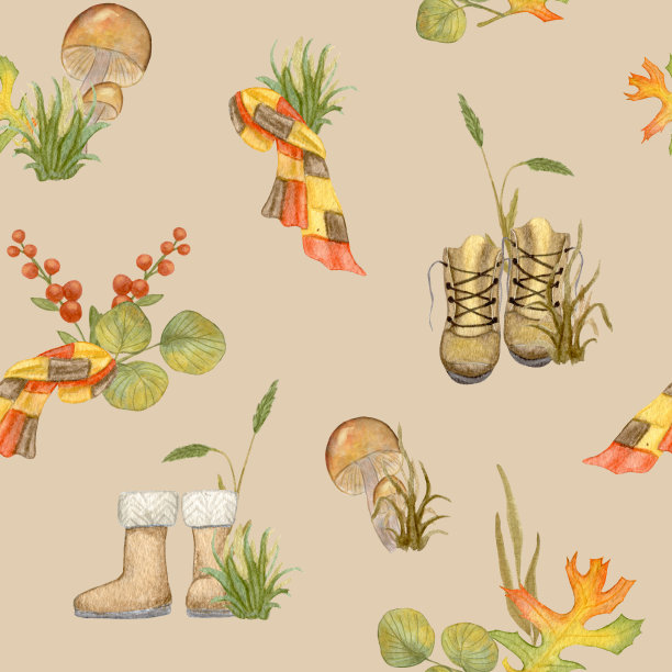 水彩秋季无缝图案与靴子和草中的蘑菇。《笼子里的橡树叶和橘围巾》秋天的心情。红色的浆果和草。纺织装饰及剪贴簿设计。图片下载