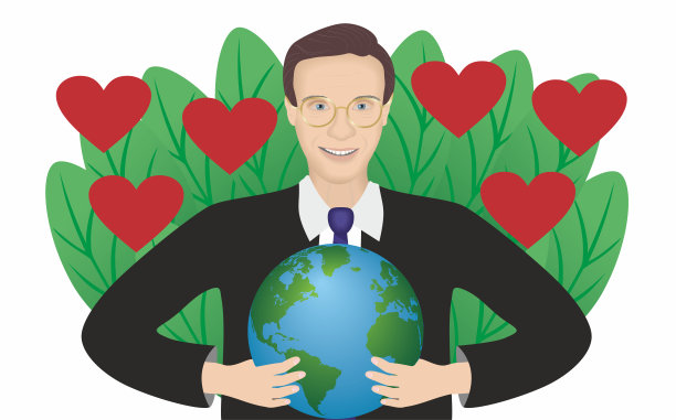 商人控制着地球。背景是树叶和心形。矢量插图。图片下载
