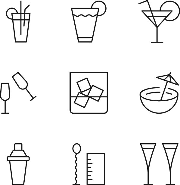 为网站，广告，文章，商店，商店的孤立矢量线图标的集合。可编辑的中风。各种酒精鸡尾酒的标志图片下载