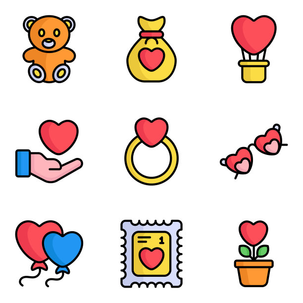 情人节彩色线图标集，现代矢量平滑风格，用于网页或移动应用程序图片下载