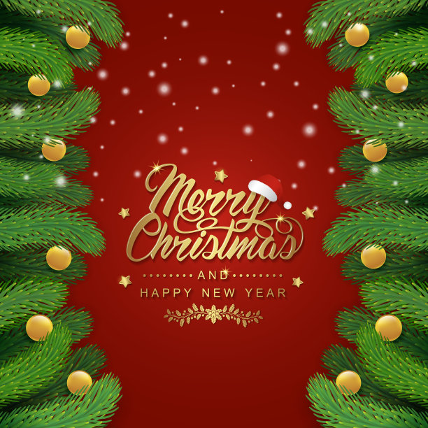 圣诞快乐和新年快乐字体，圣诞老人帽子，圣诞树，闪光球，悬挂的星星，丝带和雪装饰传单，海报，网络，横幅，和卡片矢量插图图片下载