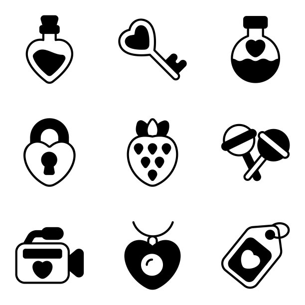 情人节黑色矢量图标集，现代矢量流畅风格，用于网页或移动应用图片下载