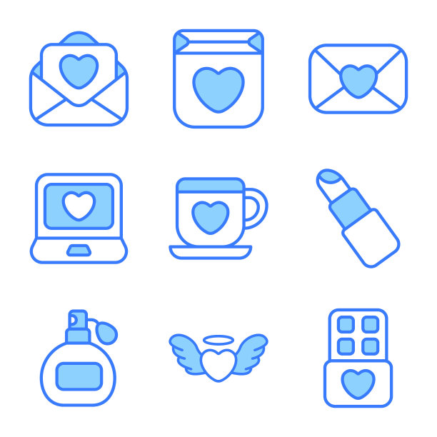 情人节彩色线图标集，现代矢量平滑风格，用于网页或移动应用程序图片下载