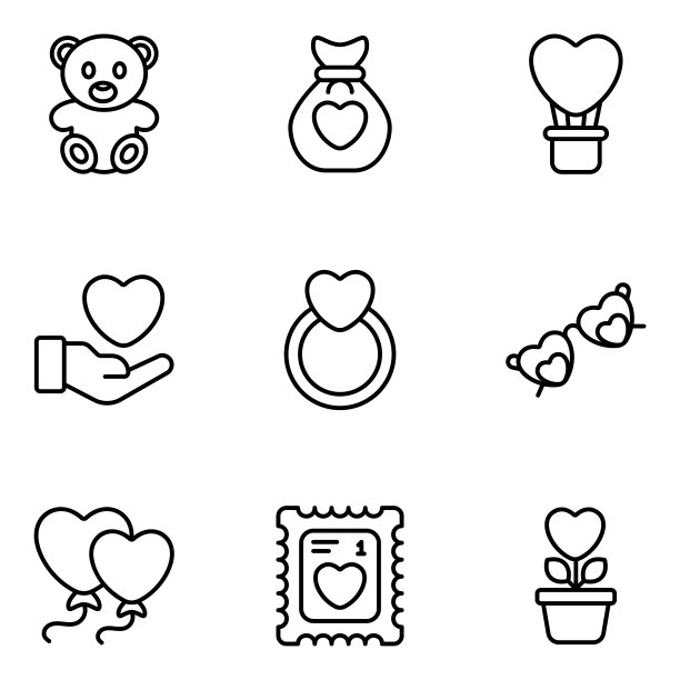情人节矢量线图标集，现代矢量流畅风格，用于网页或移动应用图片下载